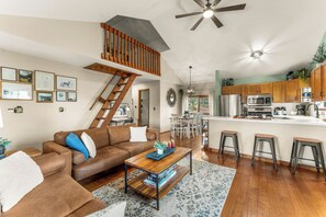 Smart TV, fireplace, books