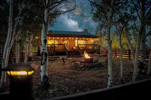 A cabin with a fire pit and outdoor seating, surrounded by trees and a starry night sky.