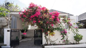 Un cancello chiuso da un muro bianco e un cancello nero, circondato da piante in fiore e un albero in vaso.