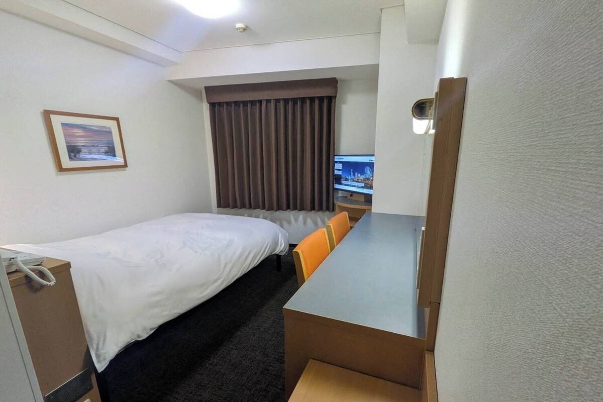 Habitación de hotel con una cama individual, un escritorio, una silla, un televisor y una ventana con cortinas.