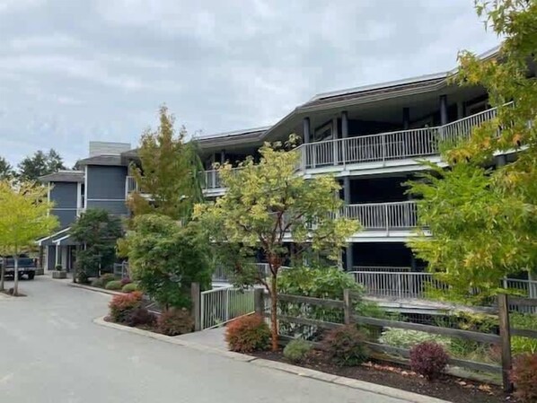 A multi-story residential building with balconies, surrounded by mature trees and a paved street.