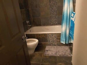 A bathroom with a bathtub, toilet, and shower area.