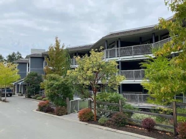 A multi-story residential building with balconies, surrounded by mature trees and a paved street.