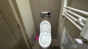 A small, modern bathroom with a toilet, a hand dryer, and a showerhead. - Luxury apartment  (Ariana)