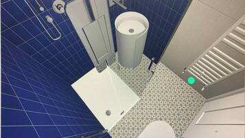 Shower, hair dryer, bidet, towels