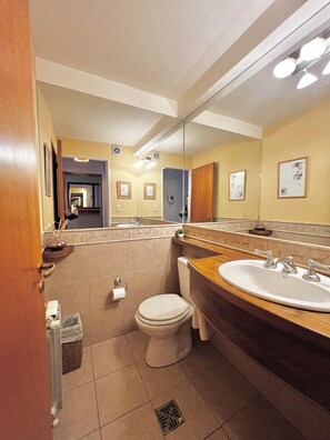 Secador de pelo, bidet, toallas, papel higiénico
