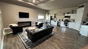 Ein modernes Wohnzimmer mit Kamin, Ledersofas und einem Flachbildfernseher.