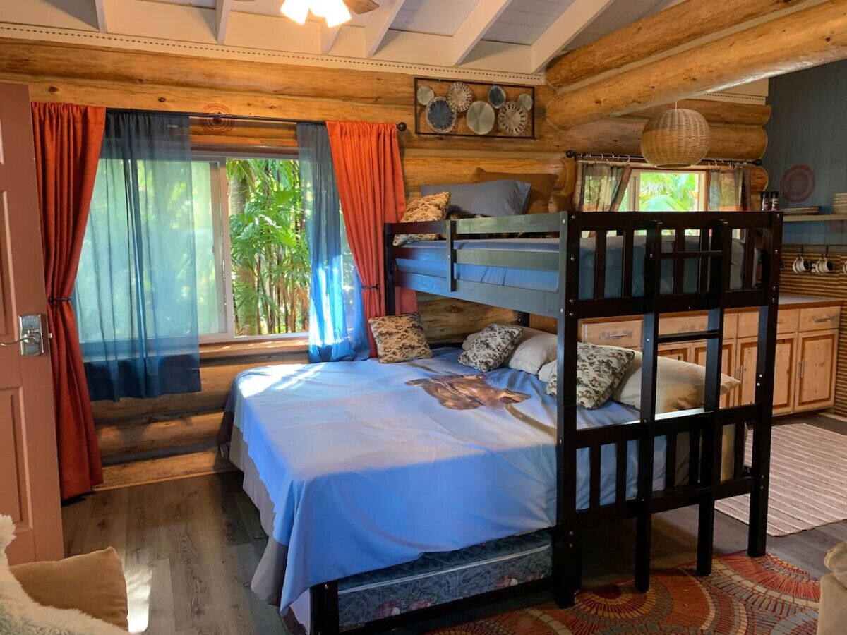 A rustic wooden cabin bedroom with a bunk bed, a large window with curtains, and a view of greenery outside.
