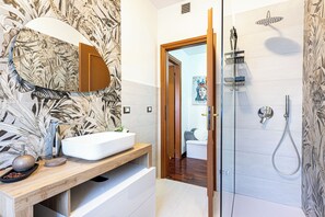 Shower, hair dryer, bidet, towels