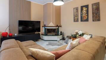 A living room with a fireplace, a television, and a sofa.