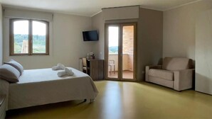 Une chambre d’hôtel avec un lit, une chaise, un bureau, une télévision et un balcon avec vue.