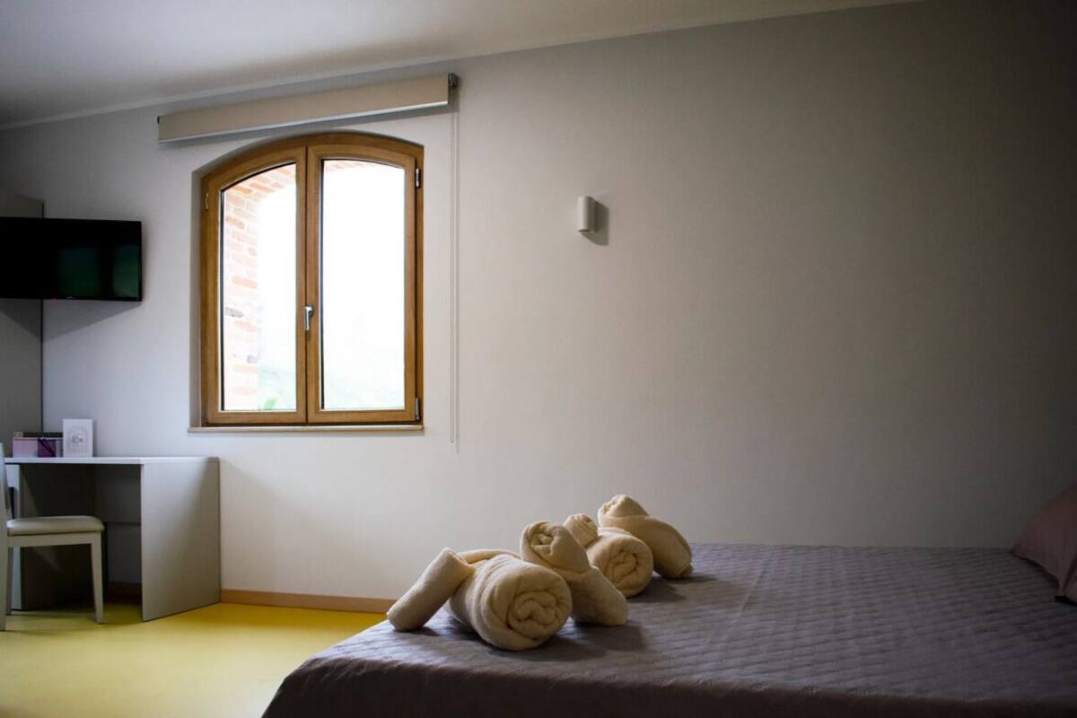 Una camera da letto con un letto, una scrivania, una sedia, una TV e una finestra con vista.