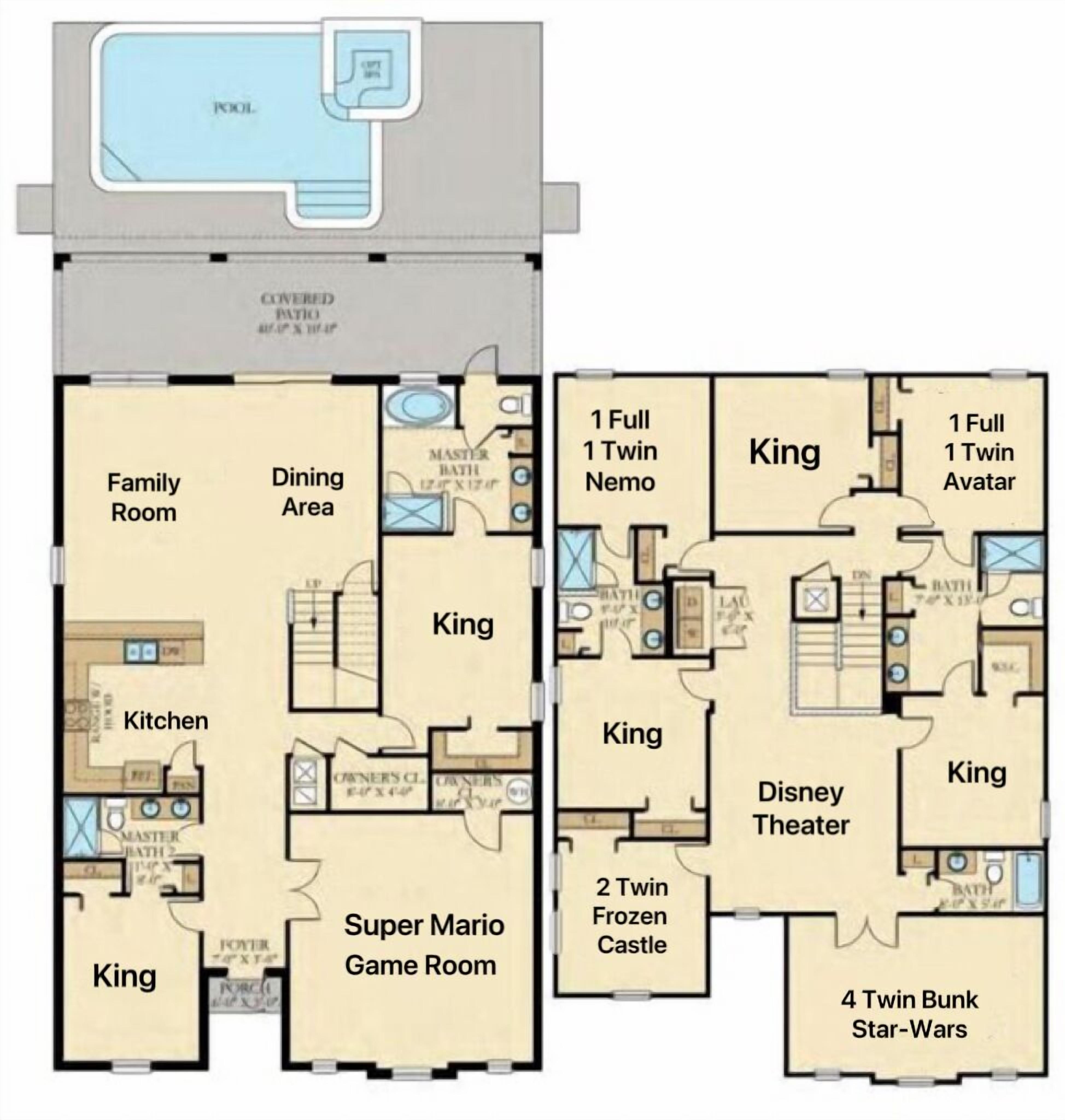 A hotel floor plan with multiple themed rooms including a Family Room, Dining Area, Kitchen, Super Mario Game Room, King rooms, and themed areas like King, Nemo, Avatar, Disney Theater, Frozen Castle, and Star Wars.