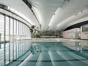Ein Innenpool mit gewölbter Decke, großen Fenstern und Palmen.