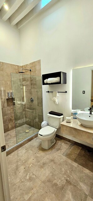 Shower, towels, soap, shampoo