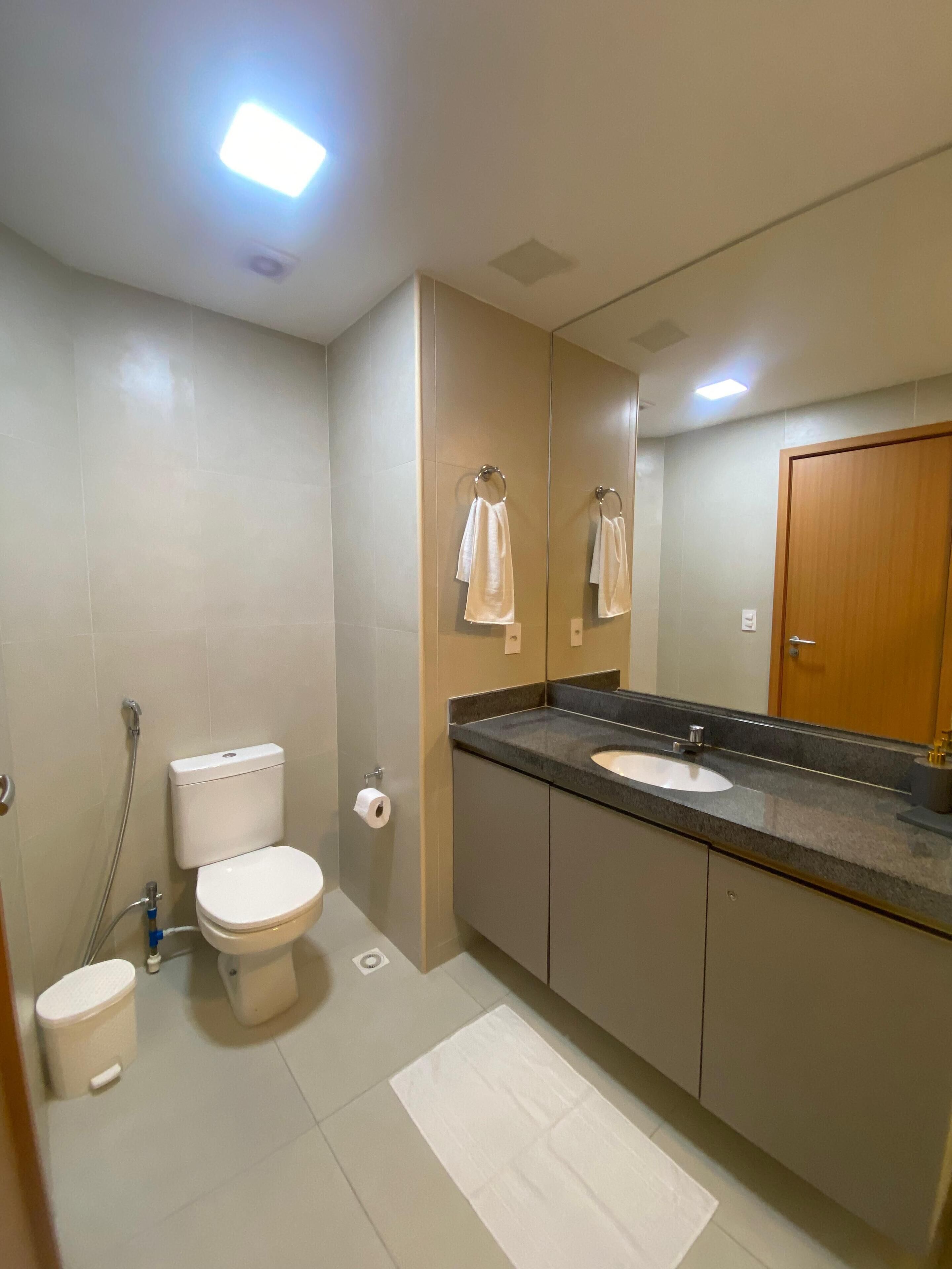 A bathroom with a toilet, sink, and mirror.