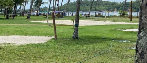 Zona verde con palmeras y vista al mar.