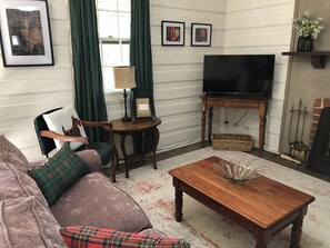 Smart TV, fireplace, books