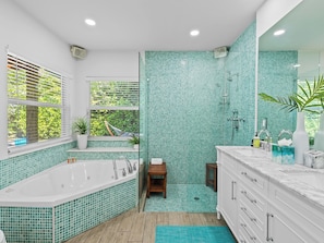 Shower, jetted tub, hair dryer, towels
