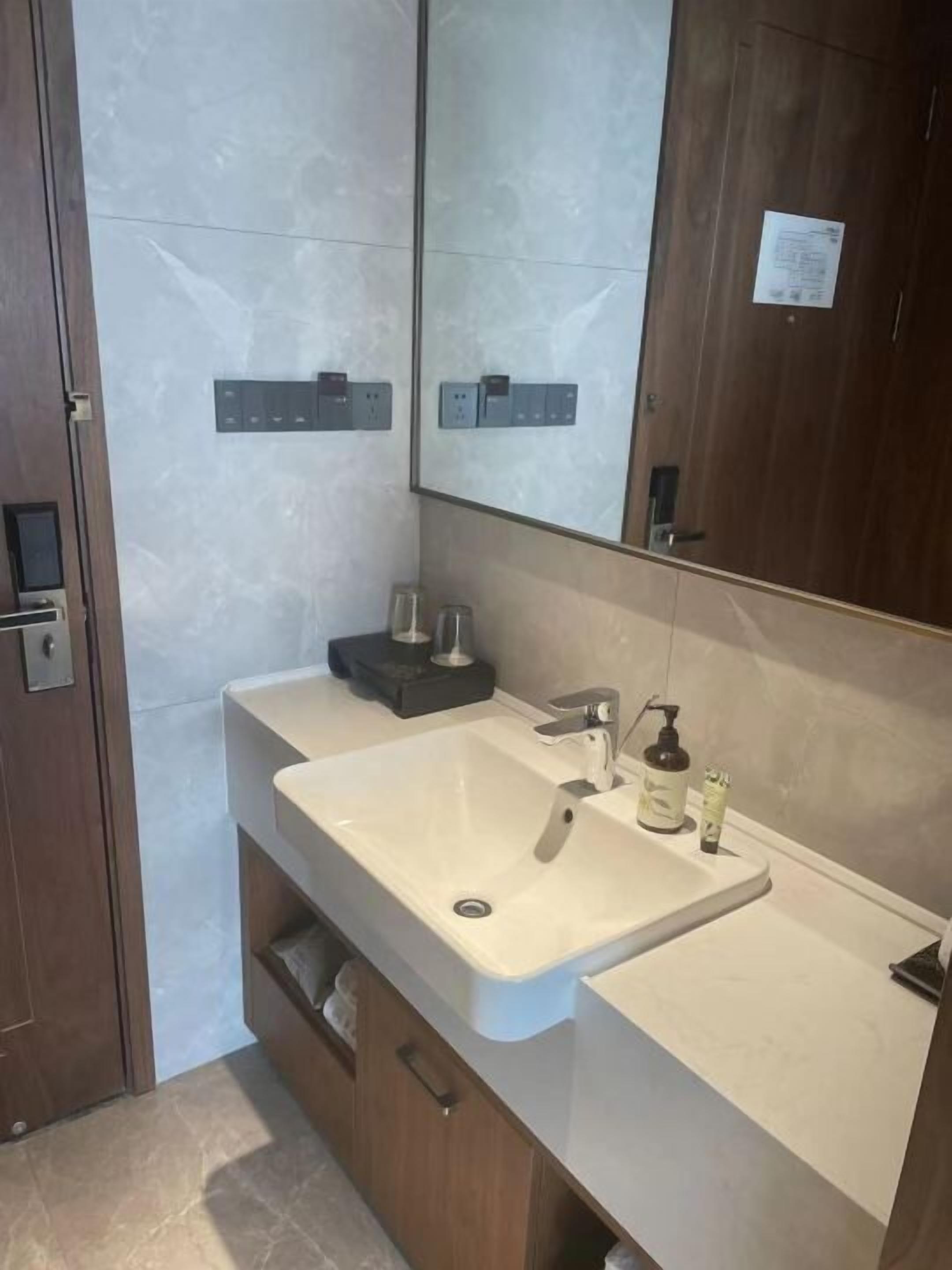 A modern bathroom with a large sink, a mirror, and a wooden cabinet.