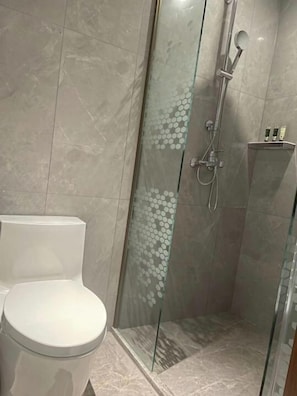 Buồng tắm vòi sen, máy sấy tóc, dép đi trong nhà, khăn tắm