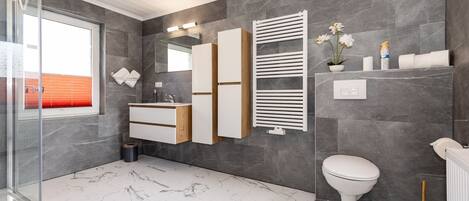 Shower, hair dryer, towels