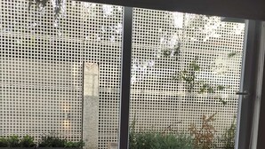 A window with a view of a garden and a lattice fence. - Beautiful and comfortable department (Ñuñoa)