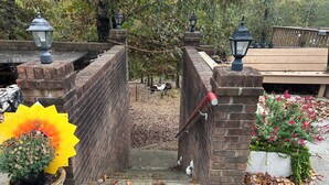 Une porte en briques surmontée d’un portail en métal, un pot de fleurs contenant une fleur jaune et un mur en briques avec un tuyau rouge.