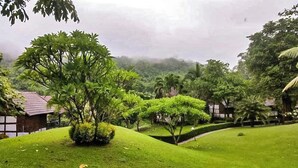 A lush green landscape with a variety of trees and a small building with a sloped roof. - Saitharn Iyara Resort (Sai Yok)