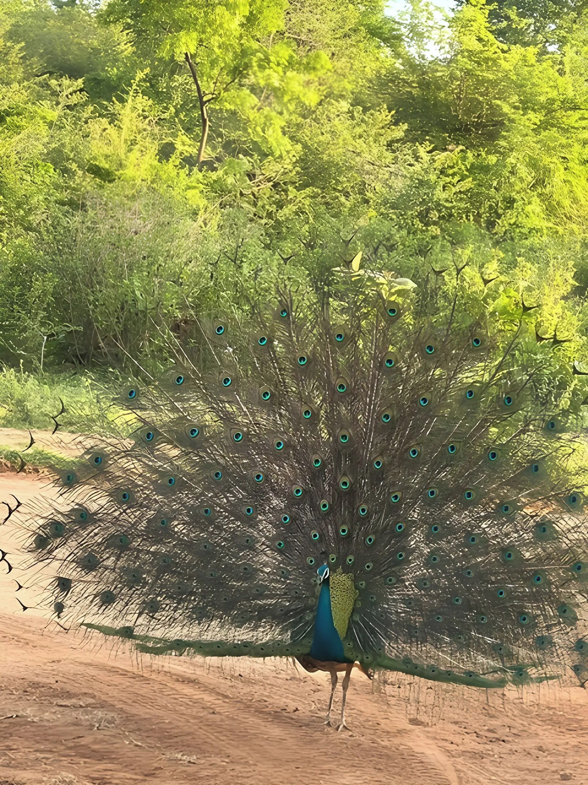 A peacock standing in a natural setting with trees in the background.