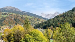 A mountainous landscape with a valley, houses, and trees. - Epinettes : Vue montagne et déco contemporaine. (LE GRAND BORNAND)