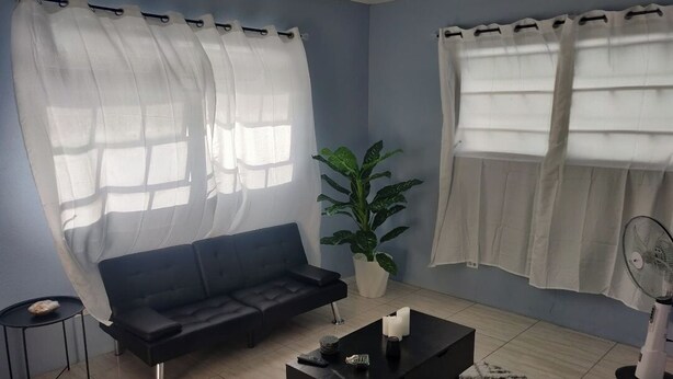 A living room with a black sofa, a coffee table, a potted plant, and a fan. - Charming family friendly home,furnished with parking facilities,near malls/beach (Nassau)