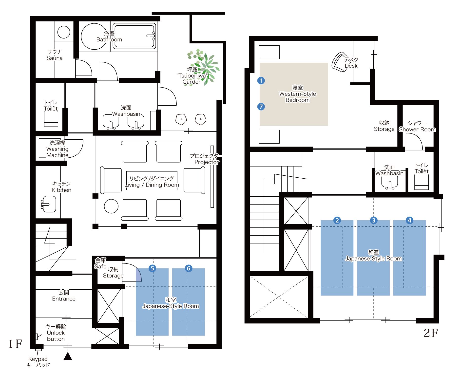 Plano de distribución de un hotel que muestra una habitación de estilo occidental, habitaciones de estilo japonés, una sauna y un jardín.