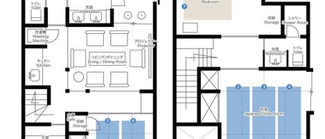 Plano de distribución de un hotel que muestra una habitación de estilo occidental, habitaciones de estilo japonés, una sauna y un jardín.