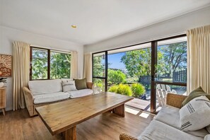 Smart-TV, Kamin, Bücher, Stereoanlage