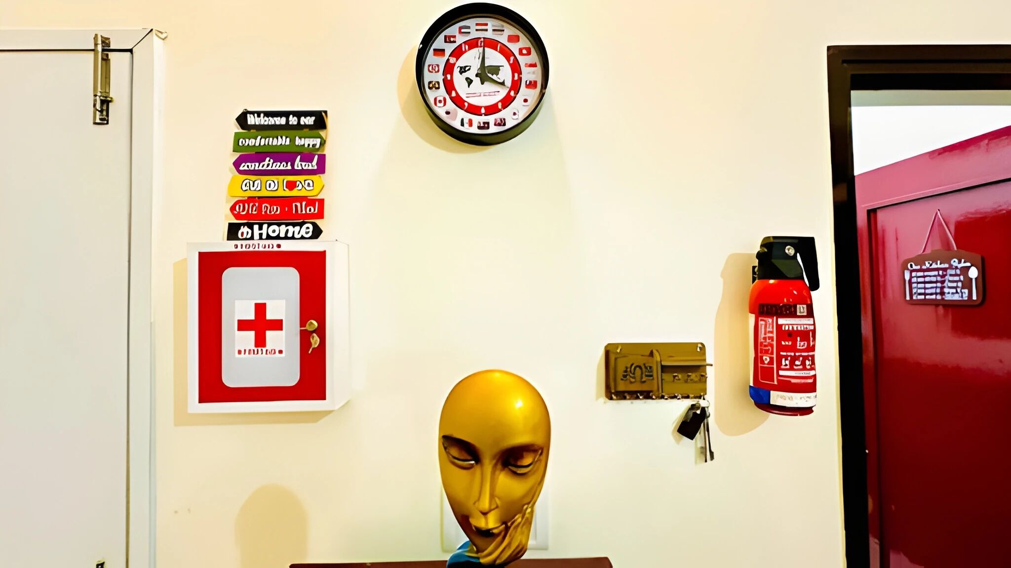 Une pièce équipée d’une horloge, d’un extincteur, d’un panneau indiquant le matériel de premiers secours et d’une porte avec une signalétique.