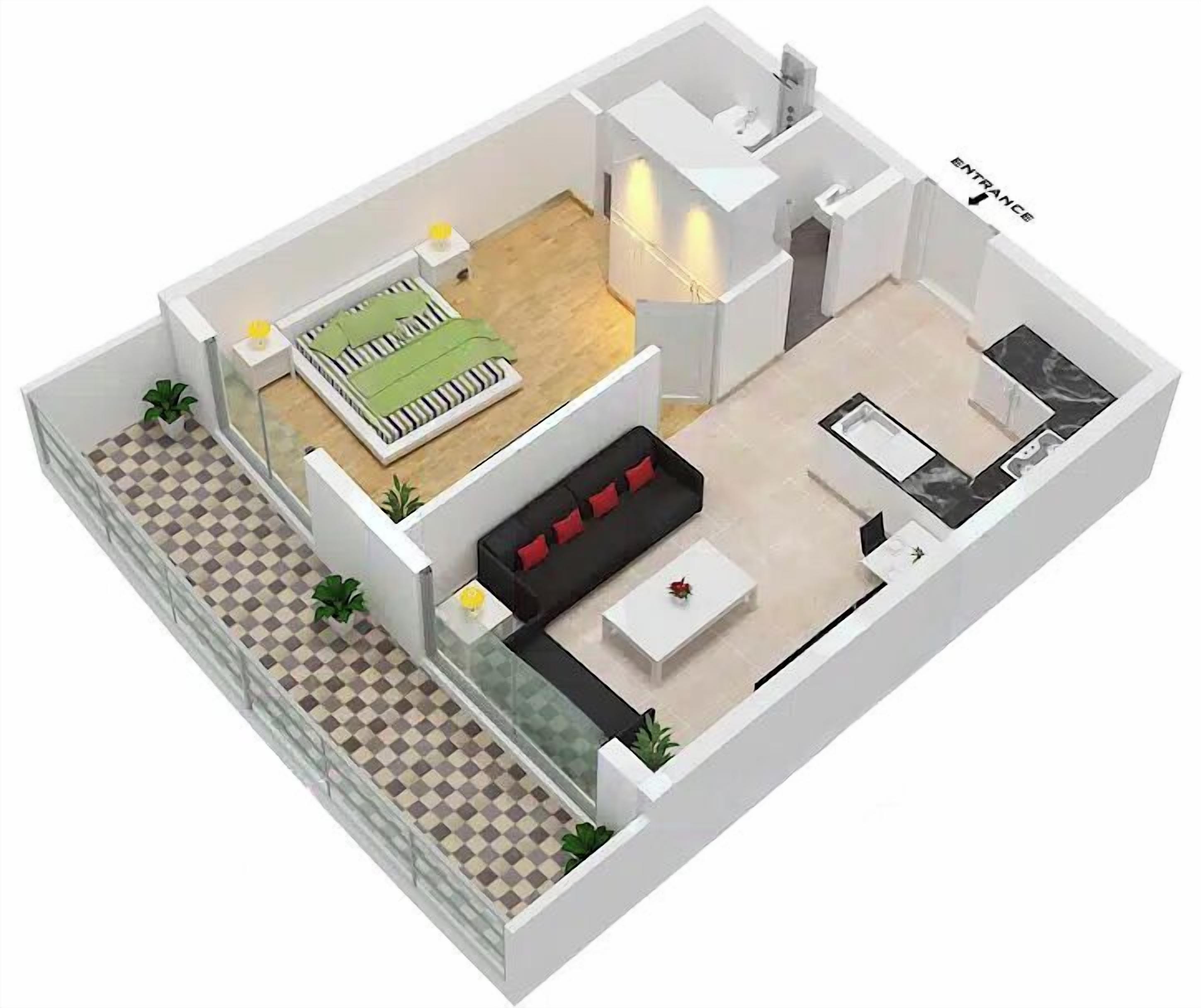 A 3D floor plan of a modern apartment with a living room, kitchen, dining area, and a balcony.