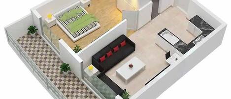 A 3D floor plan of a modern apartment with a living room, kitchen, dining area, and a balcony.
