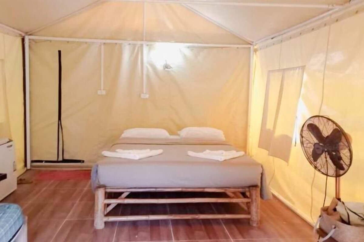 A tented room with a bed, a fan, and a window.