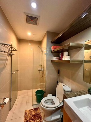 Shower, hair dryer, bidet, towels