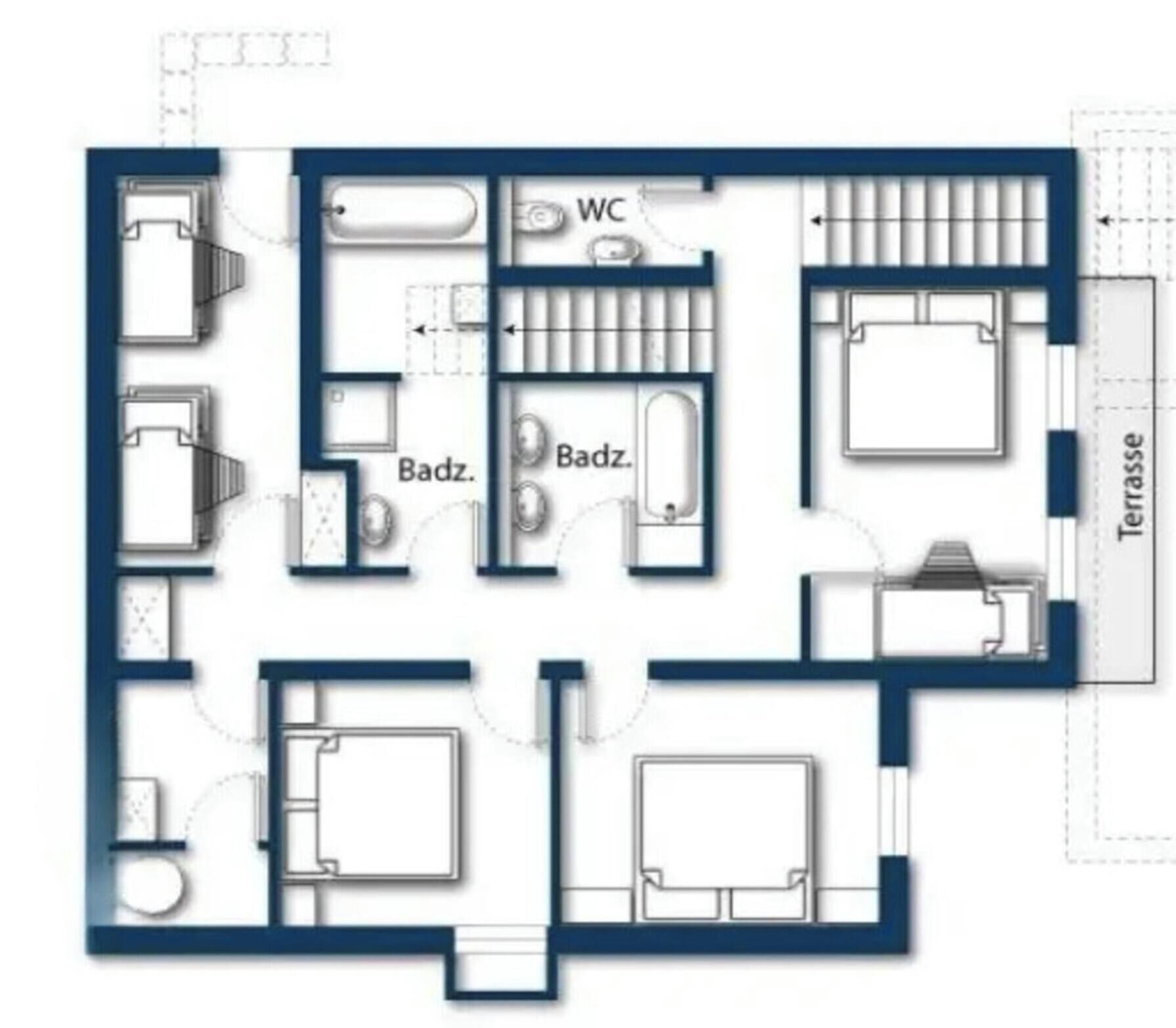 Plano de un hotel que muestra un aseo separado, dos baños, una terraza y un dormitorio.