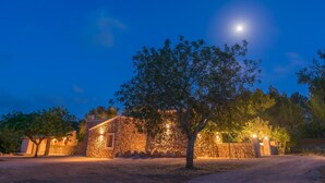 A stone building with a tree in front, under a night sky with a visible moon.