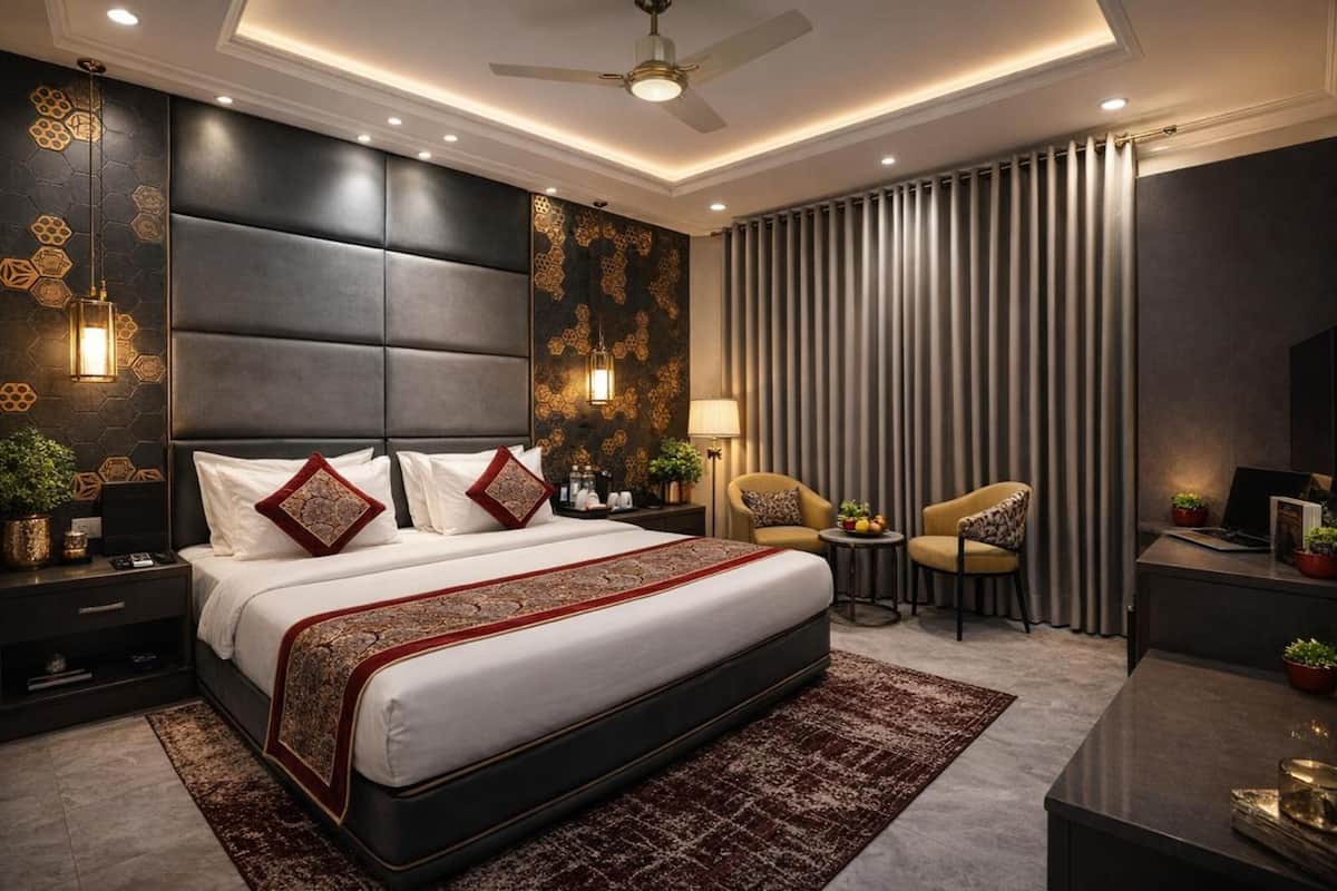 A modern hotel room with a large bed, a desk, a chair, and a ceiling fan.