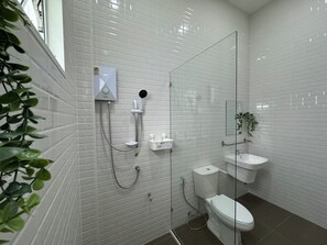 Shower, hair dryer, bidet, towels