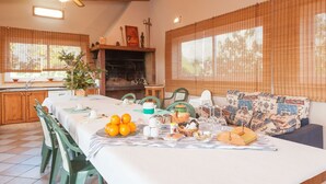Un coin repas avec une longue table dressée pour le repas, entourée de chaises, et une cheminée en arrière-plan.