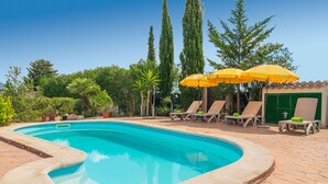 Ein Schwimmbad mit Liegestühlen und Sonnenschirmen, umgeben von Grünpflanzen und hohen Bäumen.