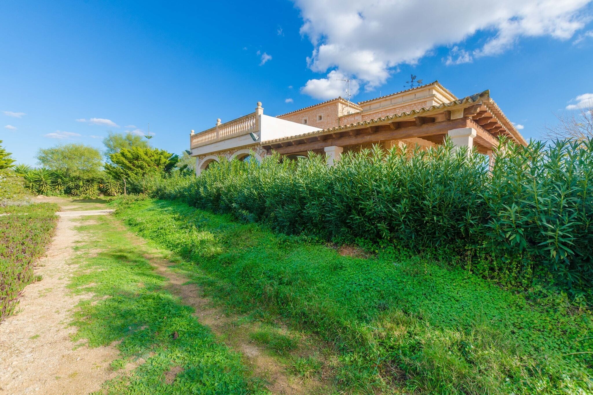A traditional building with a pathway leading to it, surrounded by lush greenery.