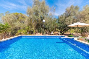 Relax by the serene pool surrounded by lush greenery and mature trees, with lounge chairs and a table under a shaded canopy.