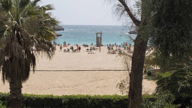 A beach with palm trees, a lifeguard tower, and people relaxing on the sand. - Casa Hector - Villa With Private Pool In Cala D'or (Cala D'or, Illes Balears)