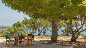 Un área de estar al aire libre con una mesa y sillas bajo un árbol grande, con vista a un paisaje costero.